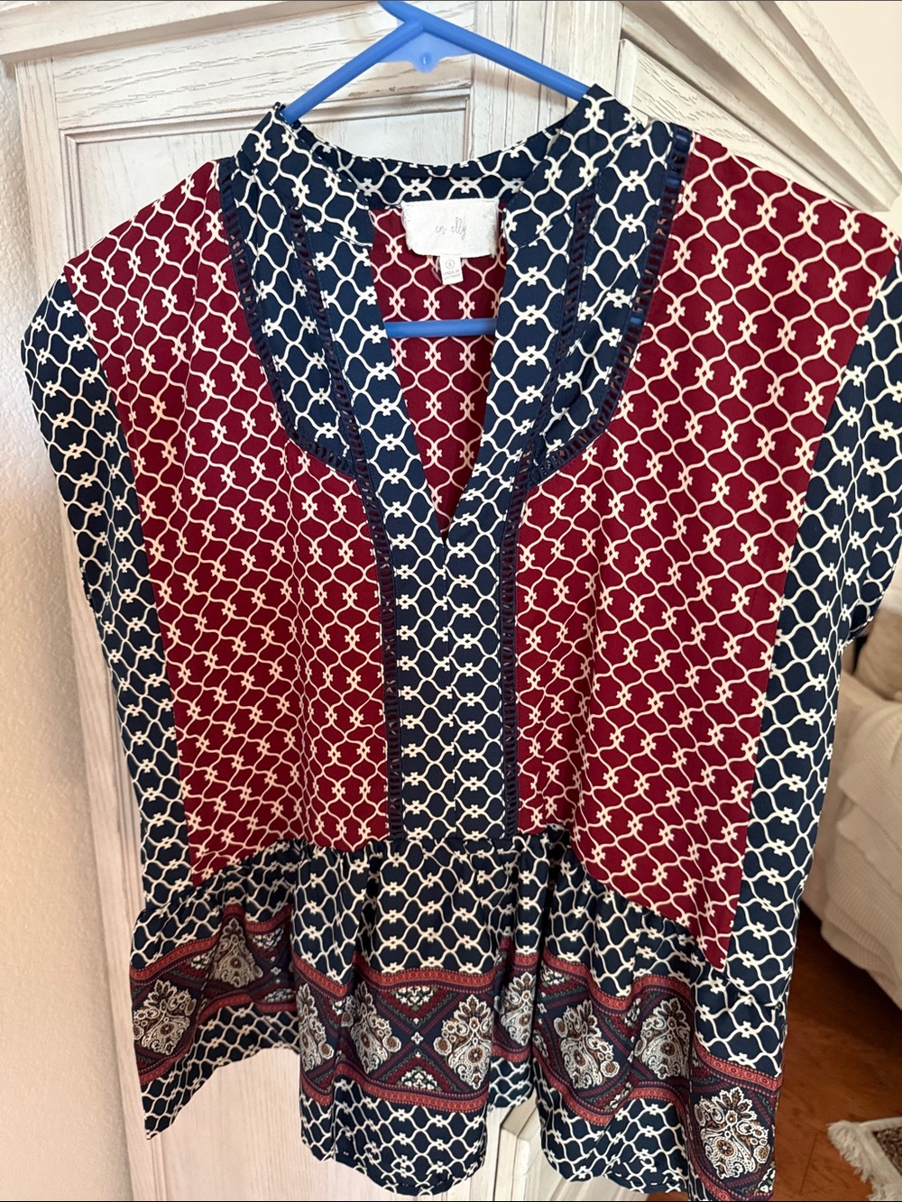 Red and Navy Patterned Peasant Blouse
